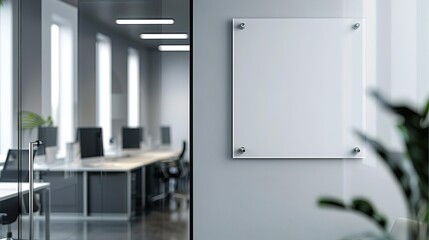 A blank white acrylic wall panel hanging on the side of an office.