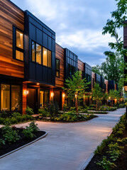 Fototapeta premium A serene pathway winds through contemporary townhomes, featuring sleek wooden facades, large windows, and lush landscaping, creating a tranquil urban retreat perfect for relaxation and modern living.