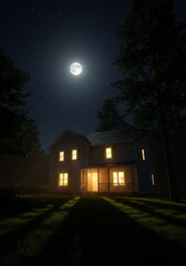 Moonlit Farmhouse Night Scene Warm Light. AI Generated