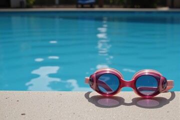 A Pair of Pink Swimming Goggles Resting on the Edge of a Crystal Clear Pool with Reflective Water and Bright Sunlight