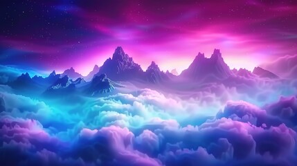 A vibrant, neon fantasy landscape with floating mountains above the clouds.