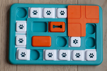 Dog playing Intellectual game. Training game for dogs.