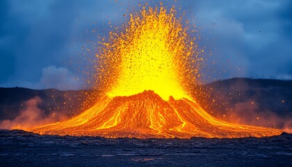 Erupting Volcano at Dusk.