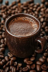 A brown ceramic coffee cup filled with aromatic dark coffee