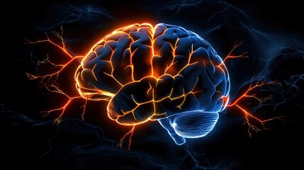 A glowing brain with orange and blue veins on a dark background.