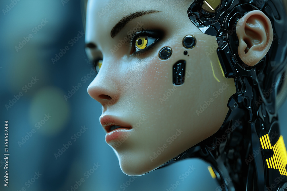 Poster futuristic cybernetic woman – ai android with high-tech neural interface
