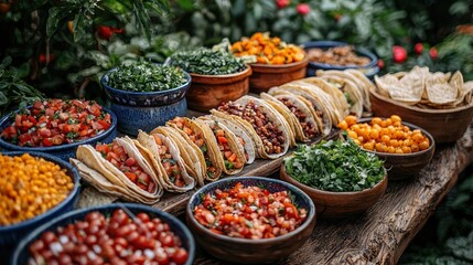Fototapeta premium Delicious tacos and various toppings on rustic wooden table.