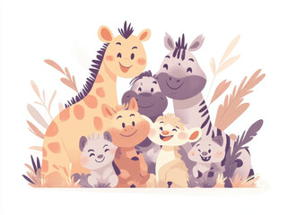 Naklejka premium cheerful group of cartoon animals, including giraffe, zebra, and various smaller creatures, poses together playful and friendly manner amidst soft foliage. Their expressions radiate joy