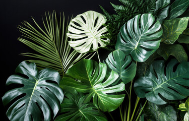 Fototapeta premium Lush tropical leaves arranged beautifully on black background create vibrant and serene atmosphere, perfect for nature lovers and interior design enthusiasts