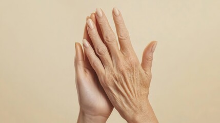 Young and Old Woman Hands Together Showing Family Support. Skin Care Across Generations and Aging Process in Wrinkled Fingers.