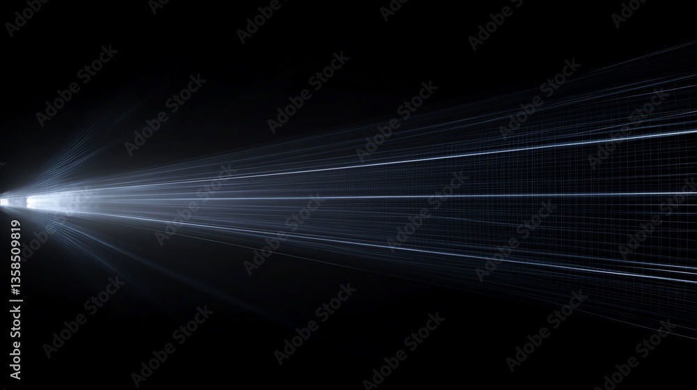 Poster abstract light speed tunnel with lines and grid on dark background