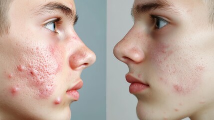Obraz premium Young Teenage Boy Dermatology Acne Treatment Before and After. Teenager Facial Skin Inflammation and Pimple Removal Results