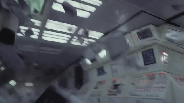 Inside a cramped control room of the space station a figure stealthily maneuvers through shattered glass and malfunctioning consoles clutching a sleek firearm while evading laser beams