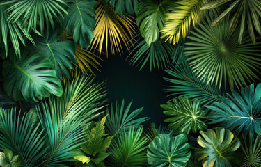 vibrant arrangement of tropical leaves various shades of green, creating lush and inviting frame around dark center. leaves exhibit diverse shapes and textures, evoking sense of nature beauty