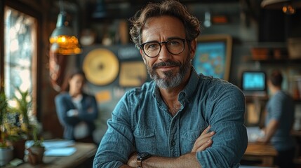 Fototapeta premium Confident mature man with arms crossed in office.