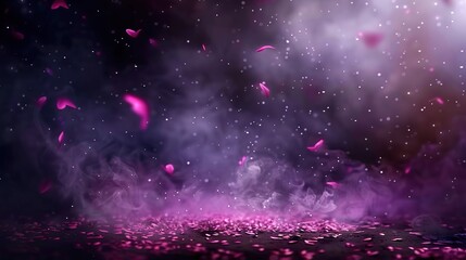 Dark purple particle background, dark ground, smoke effect floating in the air, pink petals flying around, fantasy style.