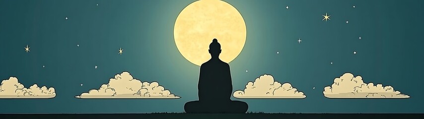 A silhouette practices meditation under a large bright full moon