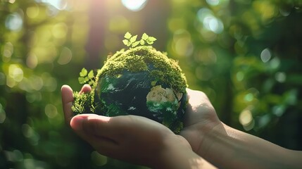 Holding the Earth in hand, with green grass on top of it, a blurred background with sunlight and trees. The concept symbolizes environmental protection and care for Mother Nature. 