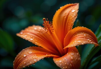 Vibrant Orange Lily Flower Dew Drops Macro Photography Nature Leaf Bloom Image Plant Water Fresh    