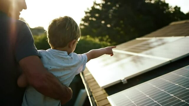 Father and Son Watching Rooftop Solar Panels at Sunset