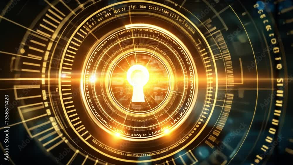 Poster unlocking digital security glowing keyhole surrounded by abstract circle patterns and light, symboli