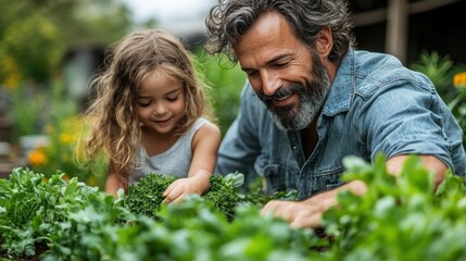 Father and daughter gardening together, tending to plants.