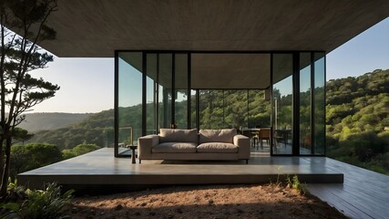 Modern 2 Bedroom Glass House with Minimalist Small Brazilian Exterior, Big Balcony Terrace, Diverse Natural Settings, Vibrant Accents, and Realistic Details (AI-generated)