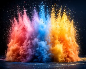 A vibrant explosion of colorful powdered pigment against a dark backdrop