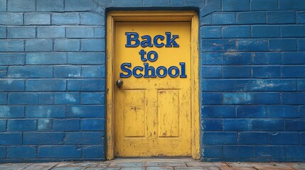 Fototapeta premium Vibrant yellow school door with a blue brick wall ready for education