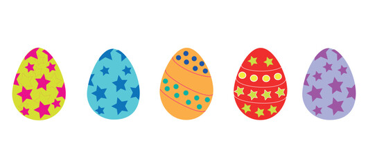 a set of Easter multicolored eggs decorated with stars, beautiful ornaments, flat vector illustration on a white background