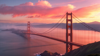 Fototapeta premium Golden Gate Bridge at sunset, a breathtaking panorama of fiery skies and tranquil waters, casting a magical, rosy glow across the iconic landmark.