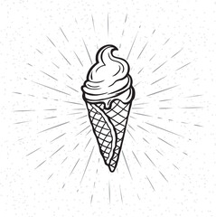 Vintage Ice Cream Illustration with sunburst. Template for cafe,restaurant or art works.