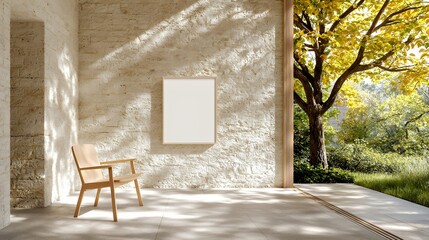 Modern Interior with Wooden Chair and Blank Frame Near Nature View