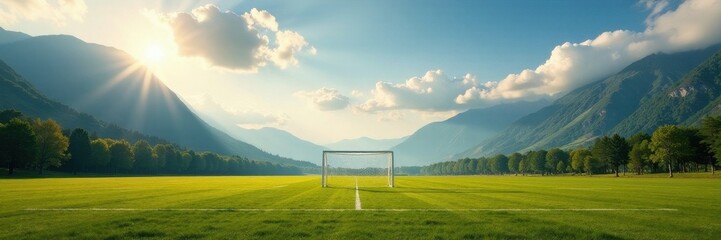 Wide shot of goal posts against expansive landscape, success, background