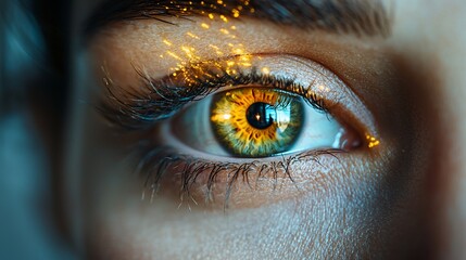 Close-up of an eye with striking golden highlights.  Detailed view of a woman's eye, showcasing vibrant golden accents and a captivating emerald green iris