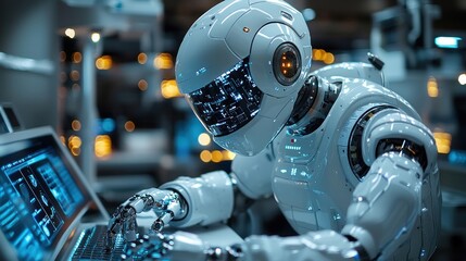 Fototapeta premium Futuristic robot using laptop in lab.