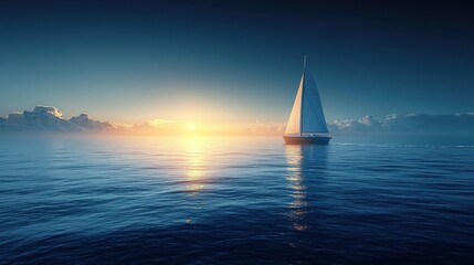 Obraz premium Solitary sailboat at sunset on calm ocean.