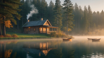 Fototapeta premium A tranquil log cabin nestled beside a misty lake at sunrise, surrounded by a serene forest, reflecting peaceful golden light on the still water.