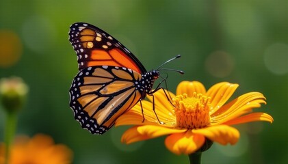 Obraz premium Monarch butterfly on bright orange wildflower, dew drops glistening, wings, botanical