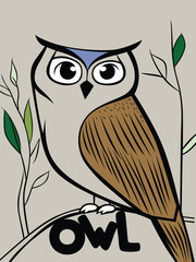 Minimalist owl with bold eyes perched on branch surrounded by green leaves and owl text below. Wildlife concept
