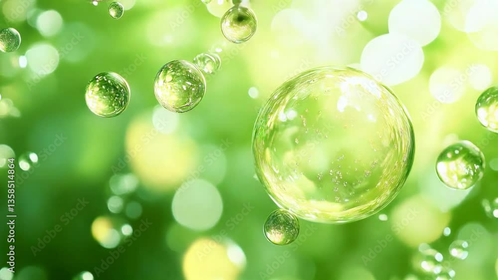 Poster bubbles floating in sunlight create a mesmerizing green background with vibrant textures