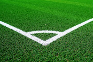 Close-up View of a Soccer Pitch Corner Featuring Bright Green Synthetic Grass and White Boundary Marking in a Professional Sports Environment