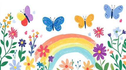 Childlike Crayon Drawing with Flowers and Butterflies: Colorful Kids' Doodle Illustration Featuring Kindergarten Art and Nature Elements