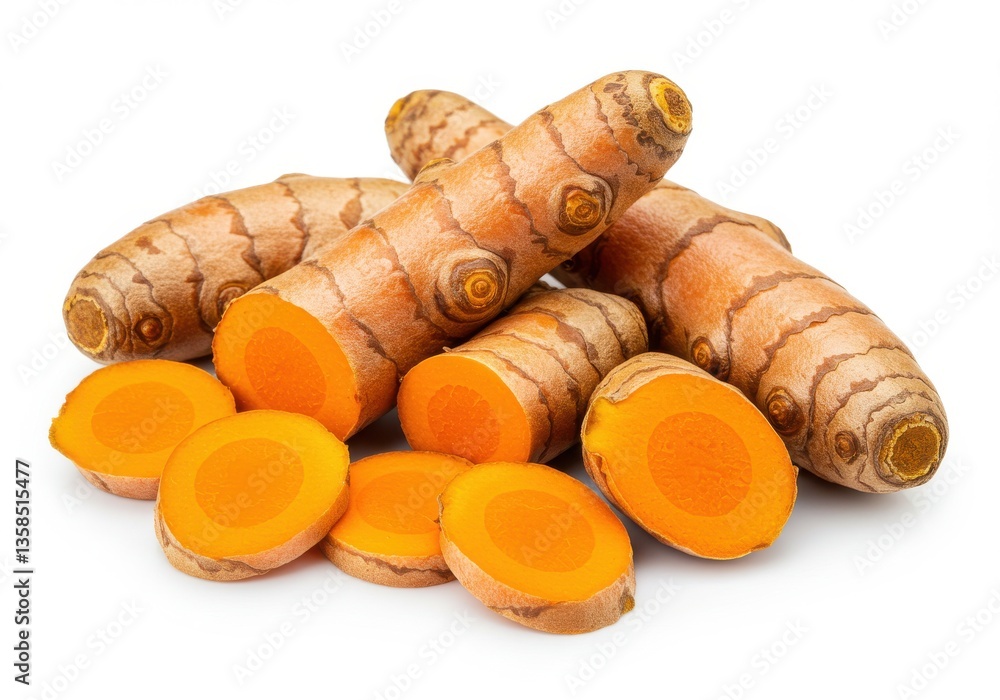 Poster a group of whole and sliced turmeric roots displayed on a white surface in a studio setting view