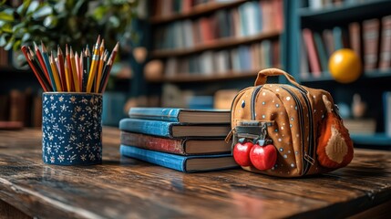 Back to school setup with books, pencils and backpack on a wooden table