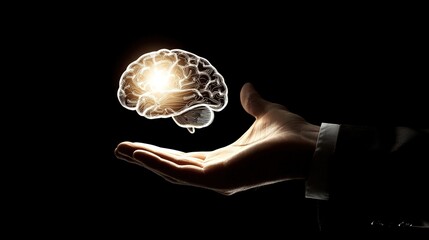 Businessman Holding a Glowing Light Bulb with Brain Icon – A Symbol of Innovation, Creativity, and Futuristic Digital Marketing Strategy