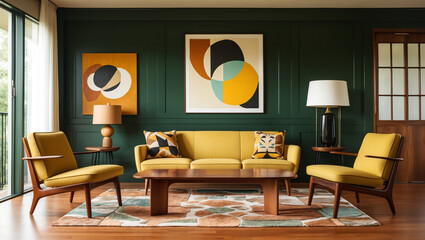 Obraz premium A mid-century modern living room bathed in warm golden light, featuring a mustard yellow sofa and armchairs, accented by abstract geometric artwork, creating a sophisticated and inviting atmosphere.