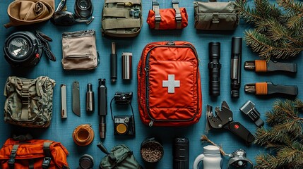 Comprehensive outdoor gear spread.  Various camping and hiking supplies, including backpacks, first-aid kits, tools, and lights