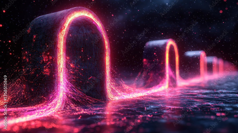 Poster vibrant digital landscape showcases series of glowing waves, representing dynamic nature of cybersec