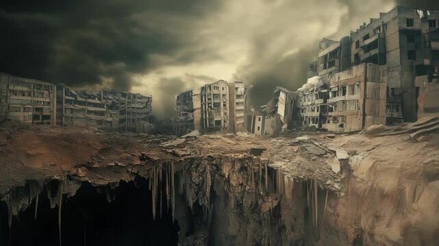 An underground perspective from within a gravity sinkhole showing layers of soil and rock with the remnants of a oncesy building tumbling towards a dark abyss illustrating the relentless